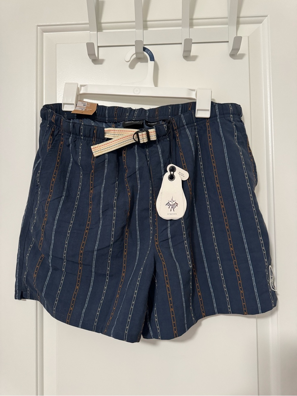 Prana Men’s Navy Striped Bermudas with Woven Belt
